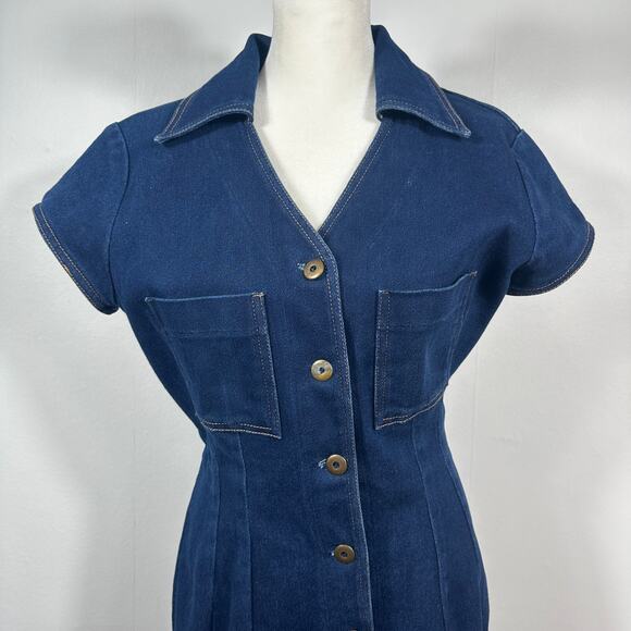 VTG Vesti Denim Shirt Dress Blue Button Front Midi Short Sleeve Utility Retro L - Picture 13 of 13